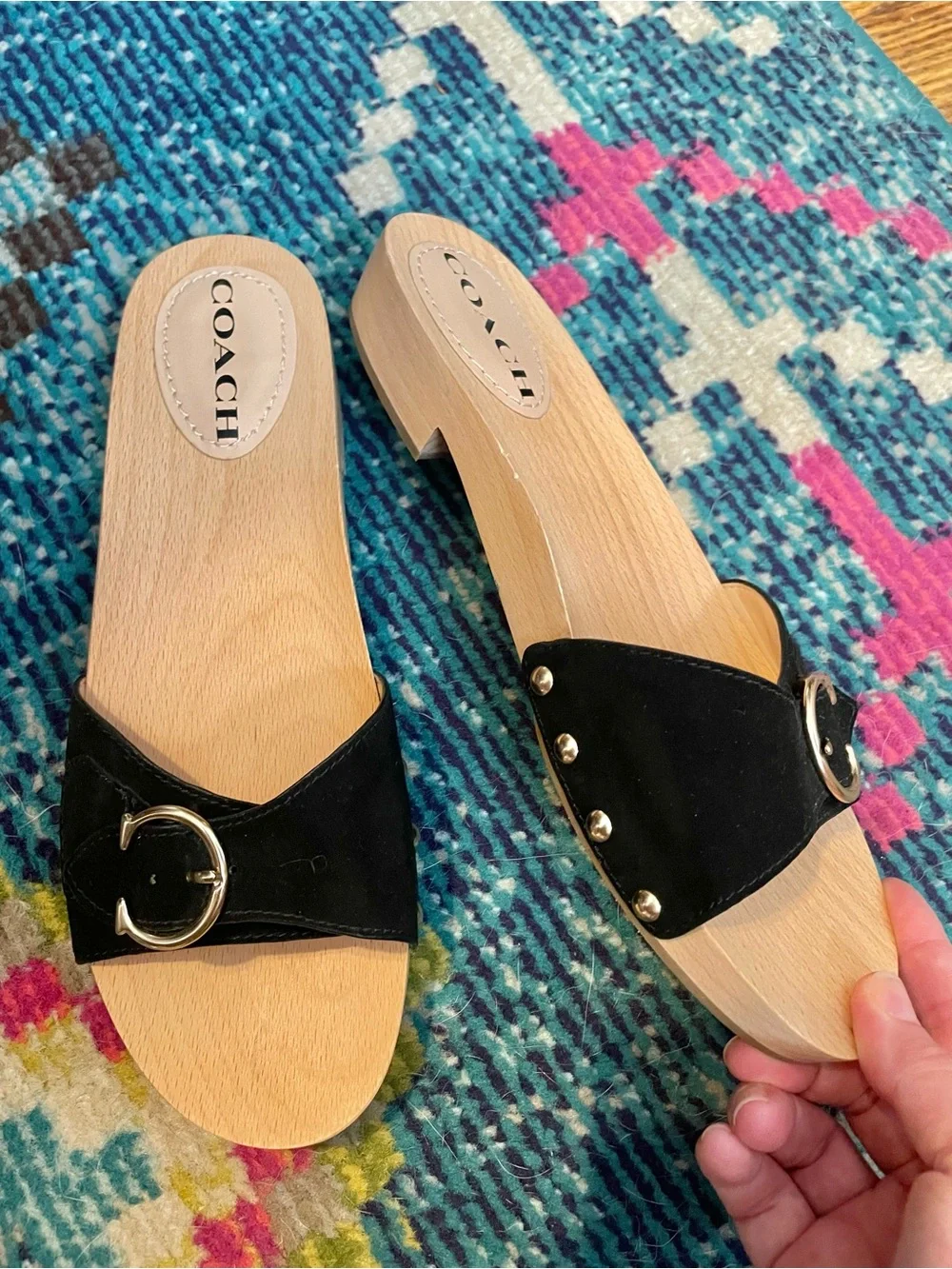 Coach Bleeker Wooden Black Suede Slide Sandals Women’s 9